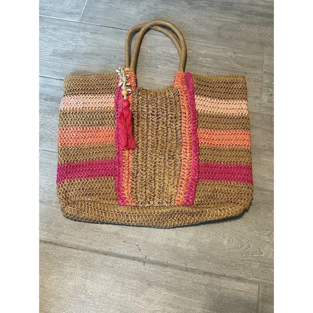 TIME AND TRU Raffia Straw Large Striped Tote - Picture 4 of 4
